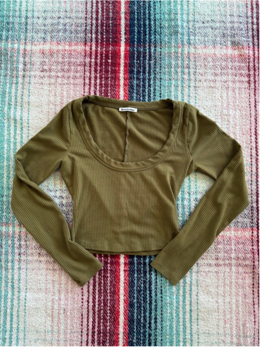 Women's Reformation Olive Green Ribbed Long Sleeve Crop Top XS